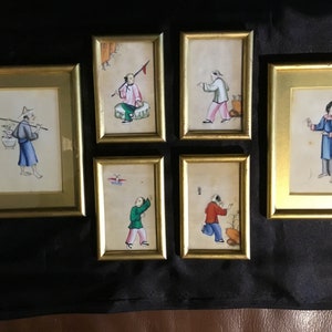 Antique Set Of 6 Late Quing Dynasty Gouache Paintings On Pith Paper C 1850-1899 Gold Framed And Matted.