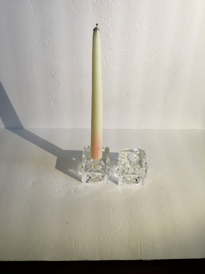 Pair Vintage Clear Crystal Candleholder Cubes With Concave Indentures On All Sides 2X2\u201d