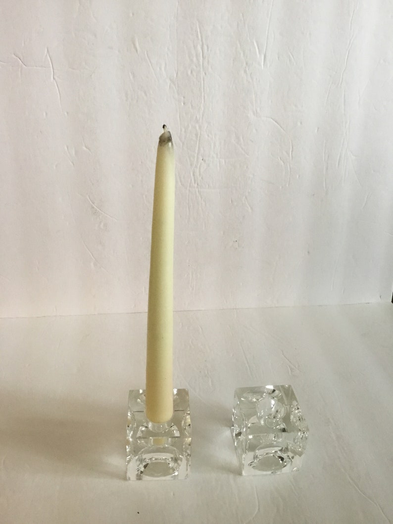 Pair Vintage Clear Crystal Candleholder Cubes With Concave Indentures On All Sides 2X2\u201d