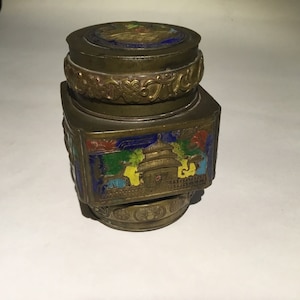 Vintage 1930’s Chinese Brass And Enamel Champleve Tea Caddy ,Stamped China.
