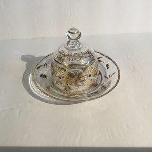 Antique Victorian Glass Domed Butter Dish Handpainted Insects/ Leaves on Plate