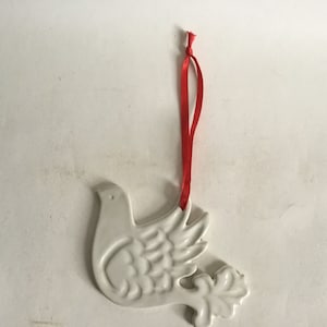 White Ceramic Flat Dove Christmas Ornament Signed By C.Krebs. w 5.25” X H3.75”