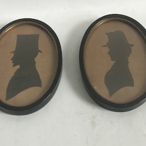 Antique Pair 19th Cent. Victorian British Silhouettes Man With Mustache, Top Hat. Lady ,As Always,W/Hat.