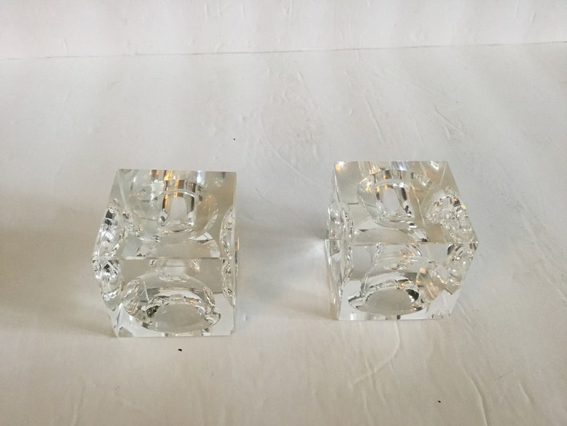 Pair Vintage Clear Crystal Candleholder Cubes With Concave Indentures On All Sides 2X2\u201d