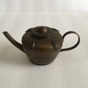 Vintage Unusual Old Bronze/ Brass Small TeapotW/Medallions All Around The Bowl.