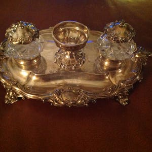 Antique Early Victorian Sterling Inkstand W / Two Crystal Inkwells c1858