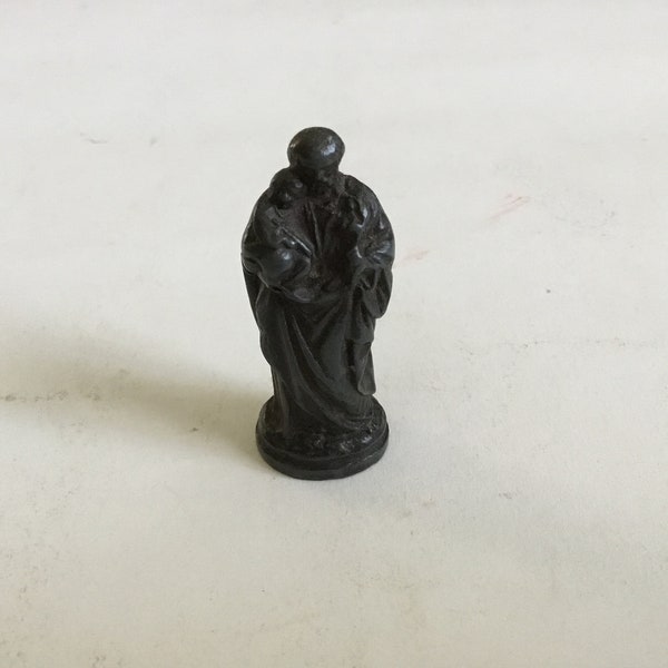 Vintage Early 1900’s Pocket Travel Shrine Figurine Of Joseph And Baby Jesus.Possibly French Pewter, H 2 1/8”