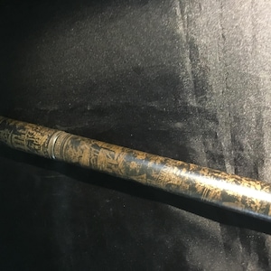 Antique Bryant & May’s Cylindrical Tin Plate Container For Wax Tapers.C 1890’s Black With Oriental Scenes In Gold L 12”