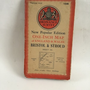 Vintage 1946 Kaart Ordnance Survey Nieuwe Populaire Editie One Inch Kaart van Engeland en Wales.