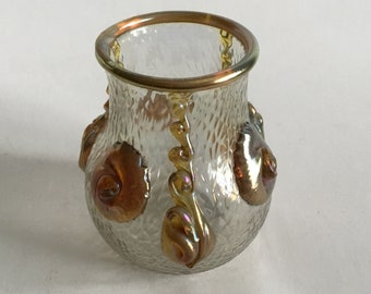 Antique Loetz Attributed Nautilus Glass Vase W/ Applied Golden Iridescent Decoration H 4.5”
