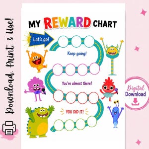 May include: A colorful reward chart with the text "MY REWARD CHART" and various cartoon monsters. The chart includes spaces for tracking progress, with phrases like "Let's go!" and "You did it!" A digital download.