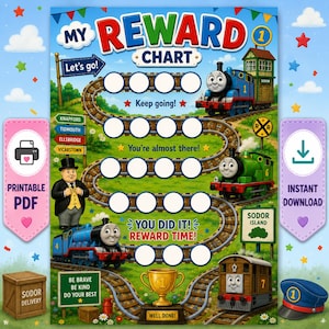 May include: A colorful reward chart featuring Thomas the Tank Engine characters on a winding train track. The chart includes white circular spaces for stickers, text reading My Reward Chart, Keep going, You're almost there, and You did it, Reward time.