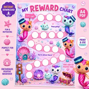 以下が含まれることがあります： 人魚猫のイラストと「MY REWARD CHART」の文字が入ったカラフルなご褒美チャート。チャートには「Let's go!」、「Keep going!」、「You did it! Reward time!」のフレーズが含まれています。また、「Fun & Motivating」と「Encourages Positive Behaviour」の文字も含まれています。