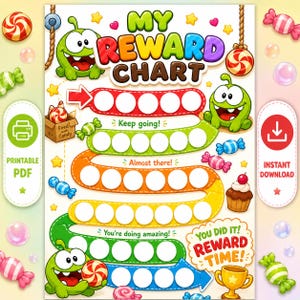 May include: A colorful reward chart with the text "MY REWARD CHART" and cartoon characters. The chart includes spaces for tracking progress, with phrases like "Keep going!" and "You did it! Reward Time!" and the words "Printable PDF" and "Instant Download".