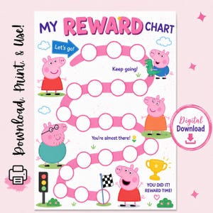 Peut inclure: Un tableau de récompenses rose avec le texte "MY REWARD CHART" et des illustrations d'un personnage de cochon. Le tableau comprend des espaces pour suivre les progrès, avec des phrases comme "Let's go!" et "You did it! Reward time!" Le texte "Digital Download" est également visible.