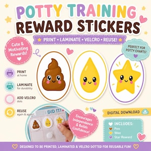May include: Potty training reward stickers with a poop, wee, and star design. The stickers are designed to be printed, laminated, and velcro dotted for reusable fun. The text on the image says "Potty Training Reward Stickers".