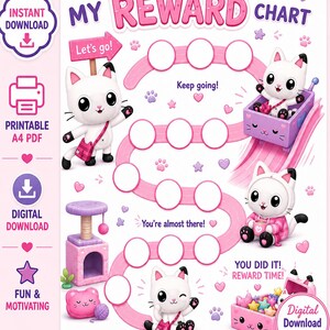 May include: A digital reward chart with a pink and white design, featuring cartoon cats. The chart includes the text "MY REWARD CHART", "Let's go!", "Keep going!", "You're almost there!", and "YOU DID IT! REWARD TIME!"