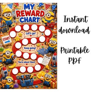 Puede incluir: Una tabla de recompensas colorida con personajes Minion amarillos, un camino rojo sinuoso con espacios circulares blancos y el texto MY REWARD CHART, Let's go!, Keep going!, You're almost there!, START y GOOD JOB! en un portapapeles.