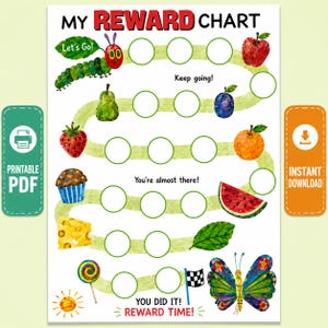 Peut inclure: Un tableau de récompenses coloré avec le texte "MY REWARD CHART" en haut. Le tableau présente des illustrations de fruits, d'une chenille et d'un papillon. Les phrases "Let's Go!", "Keep going!", "You're almost there!" et "YOU DID IT! REWARD TIME!" sont également incluses.
