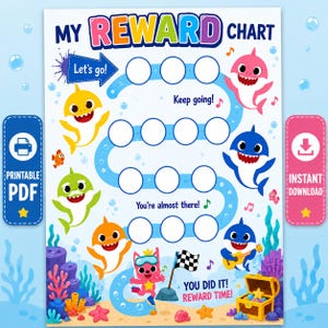 May include: A colorful reward chart featuring cartoon sharks and the text "MY REWARD CHART". The chart includes spaces for tracking progress, with phrases like "Let's go!" and "You did it! Reward Time!". A printable PDF and instant download are available.