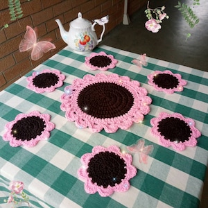 Sunflower Coaster Table Set | Vanity Set | 6 Coasters | Cottagecore | Retro | Soft | Aesthetic | Vintage | Fairycore | Handmade | Tidbit