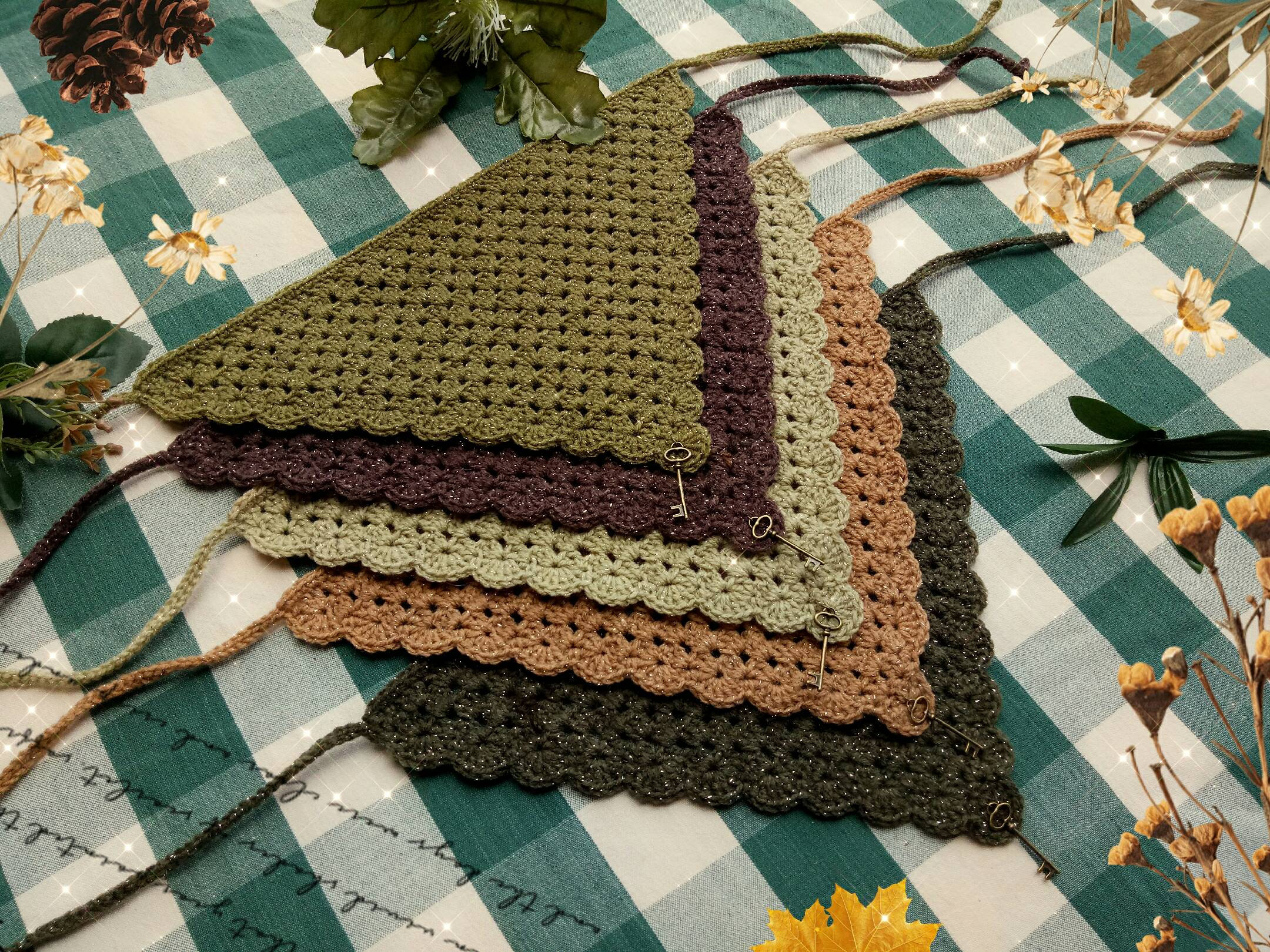 Sparkling Goblincore Hair Kerchief w/ Key | 10 Colours | Cottagecore | Fae Bandanas | Glitter Goblin | Garden Witch | Mossy Colours