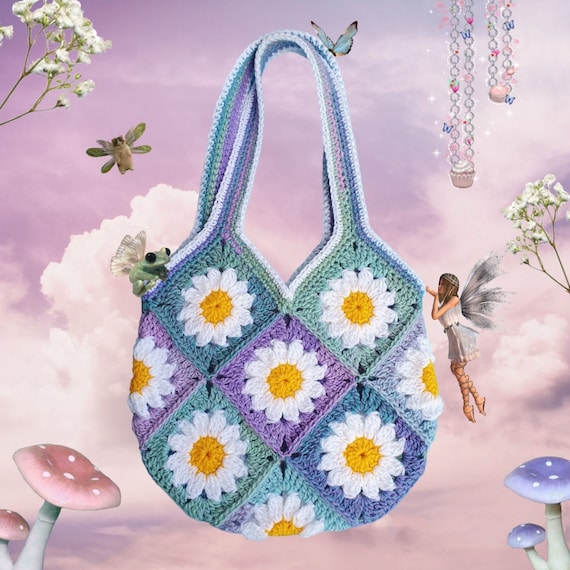 Borsa Uncinetto Floreale Verde Con Margherite – Tote Bag In Cotone Fatta A Mano, Stile Fairycore, Perfetta Per Spiaggia E Regali - 3