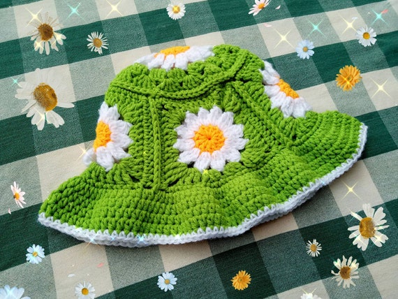 Green Apple Daisy Bucket Hat Crochet Bucket Bonnet Green Flower