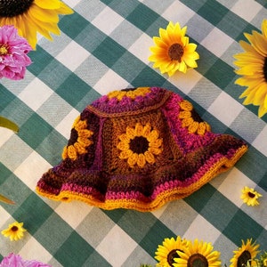 Pink Marmalade Sunflower Bucket Hat | Crochet Bucket Bonnet | Flower Hat | Gardencore | Cottagecore | Fairy Garden Aesthetic