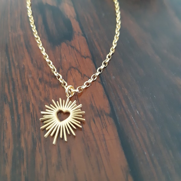 Goldene Herz-Anhänger-Halskette, einzigartige Sunburst-Halskette, Sunburst-Anhänger, Sonnenstrahlen-Halskette, Sonnenschein-Halskette, Edelstahl-Schmuck