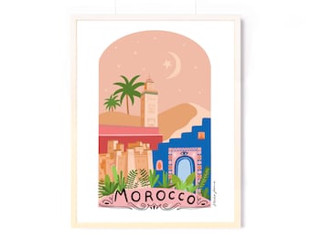 Puede incluir: Una ilustración colorida de un paisaje urbano marroquí con una mezquita, palmeras y una luna creciente. El texto "MOROCCO" está escrito en una pancarta rosa en la parte inferior de la imagen.