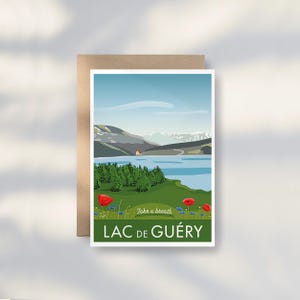 May include: A greeting card featuring a scenic illustration of Lac de Guéry, France. The artwork depicts a lake surrounded by green hills, mountains, and a blue sky. Red poppies and blue flowers are in the foreground. The text "Take a breath" and "LAC DE GUÉRY" are included.