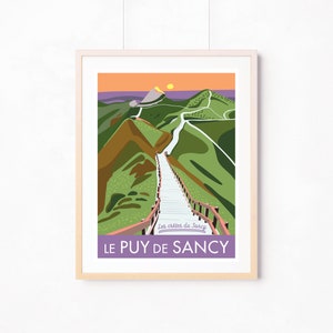 May include: A colorful illustration of a mountain path leading to the top of a mountain with the text "Les crêtes du Sancy" and "LE PUY DE SANCY" below the path.