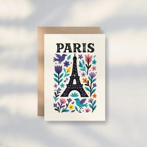 Carte postale PARIS Tour Eiffel / illustration style folk / A6 (10,5 x 14,8 cm)