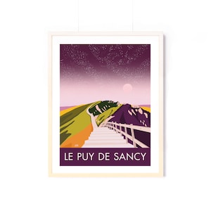May include: A purple and pink mountain landscape with a starry night sky. A wooden walkway with a railing leads up to the top of the mountain. The text "LE PUY DE SANCY" is at the bottom of the image.