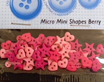 Dress it up buttons and embellishments. 'Micro mini shapes berry' multi pack. Stars and hearts.