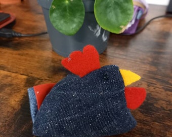 Burty the rooster  pin cushion. Blue denim  pin cushion.