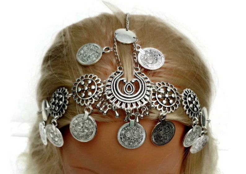 Bridal headband Silver Head Piece Bellydance Hair Clip Tribal Fusion Headdress Dance headdressBelly dance Hair Accessories Festival