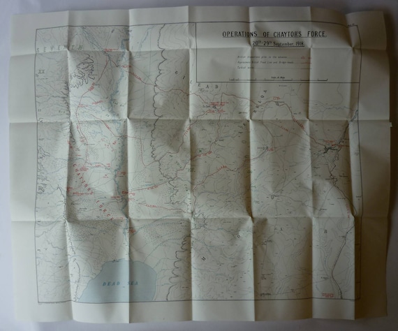 1920s Antique WWI Military Operations Map of the Envelopment of the Seventh and Eighth Turkish Armies by the Desert Mounted Corps