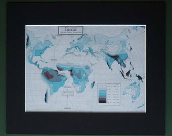 Vintage Mounted Map of the World - Vintage Geography Wall Art - Available Framed - Vintage Map - Rain Decor - Weather Map - Raining Print
