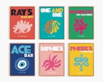 conjunto de 6 impresiones de bares de Nueva York: Ray's, Sophie's, Phebe's, Ace Bar, McSorley's, One & One, NYC imprimible descargar libro de viajes de carteles de arte de pared