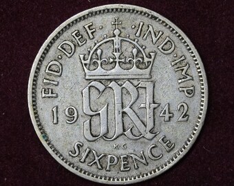 Wolf Hound Dog Ireland Genuine 1942 WWII Irish Sixpence Coin Celtic Harp