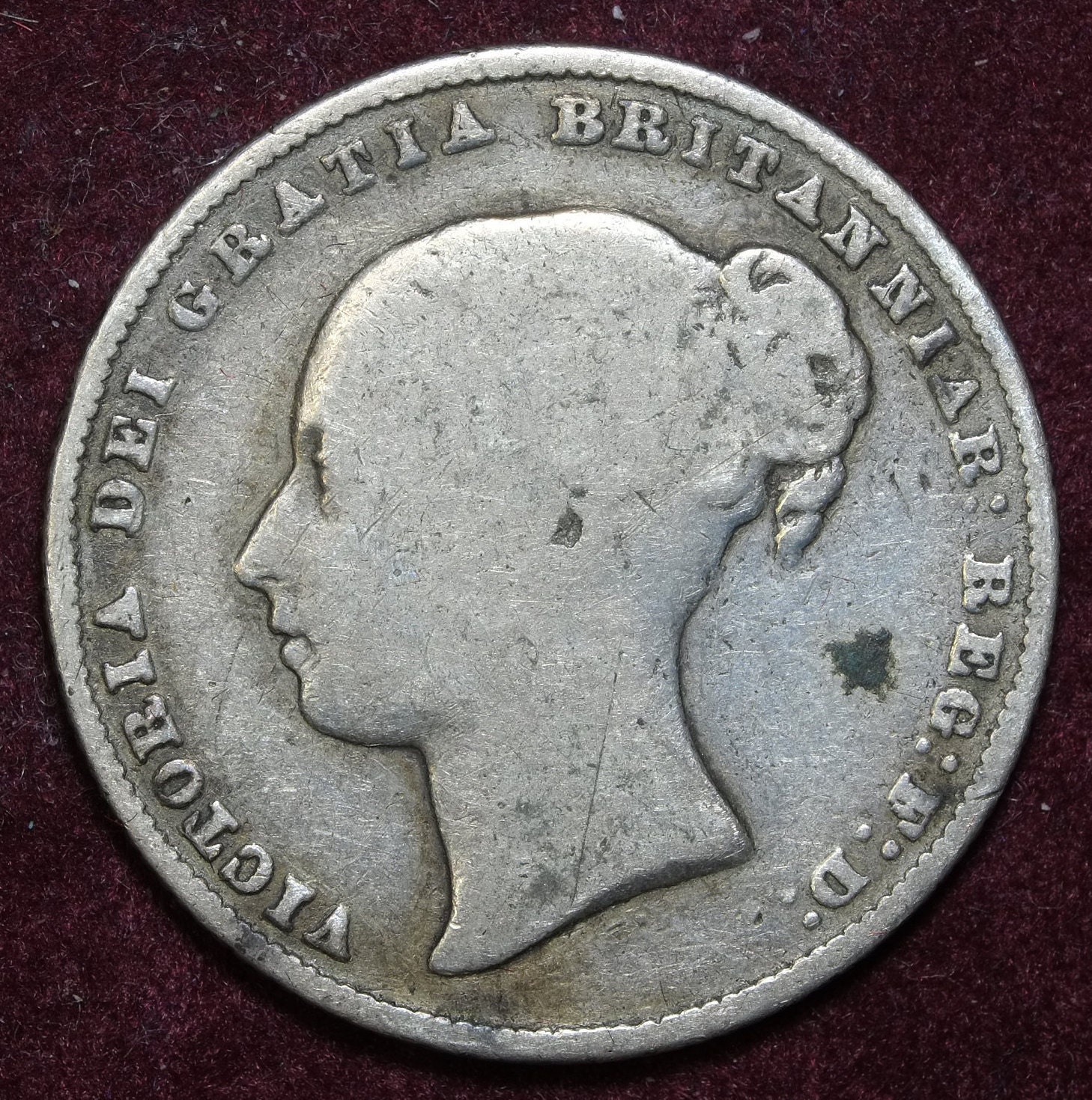 Image of 1865 Die Number 105 Silver Shilling Queen Victoria Young Head Portrait