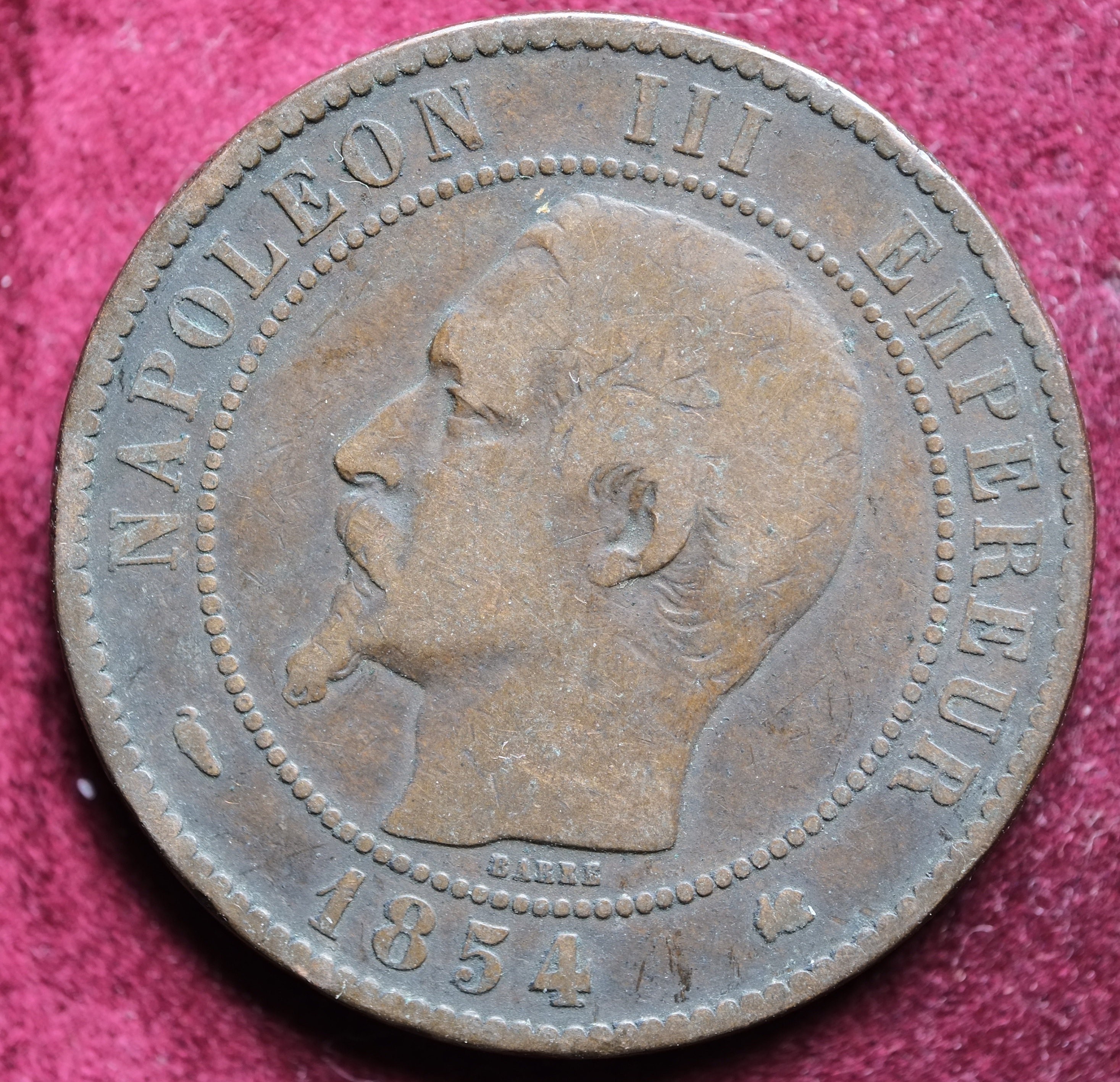 Image of 1854 K Bordeaux Mint 10 Centimes French Coin