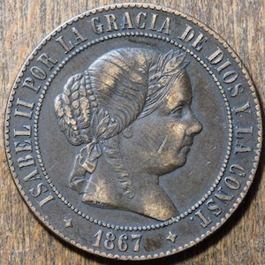 1867 5 Centimos Spain Isabel II 4 pointed star Jubia mint