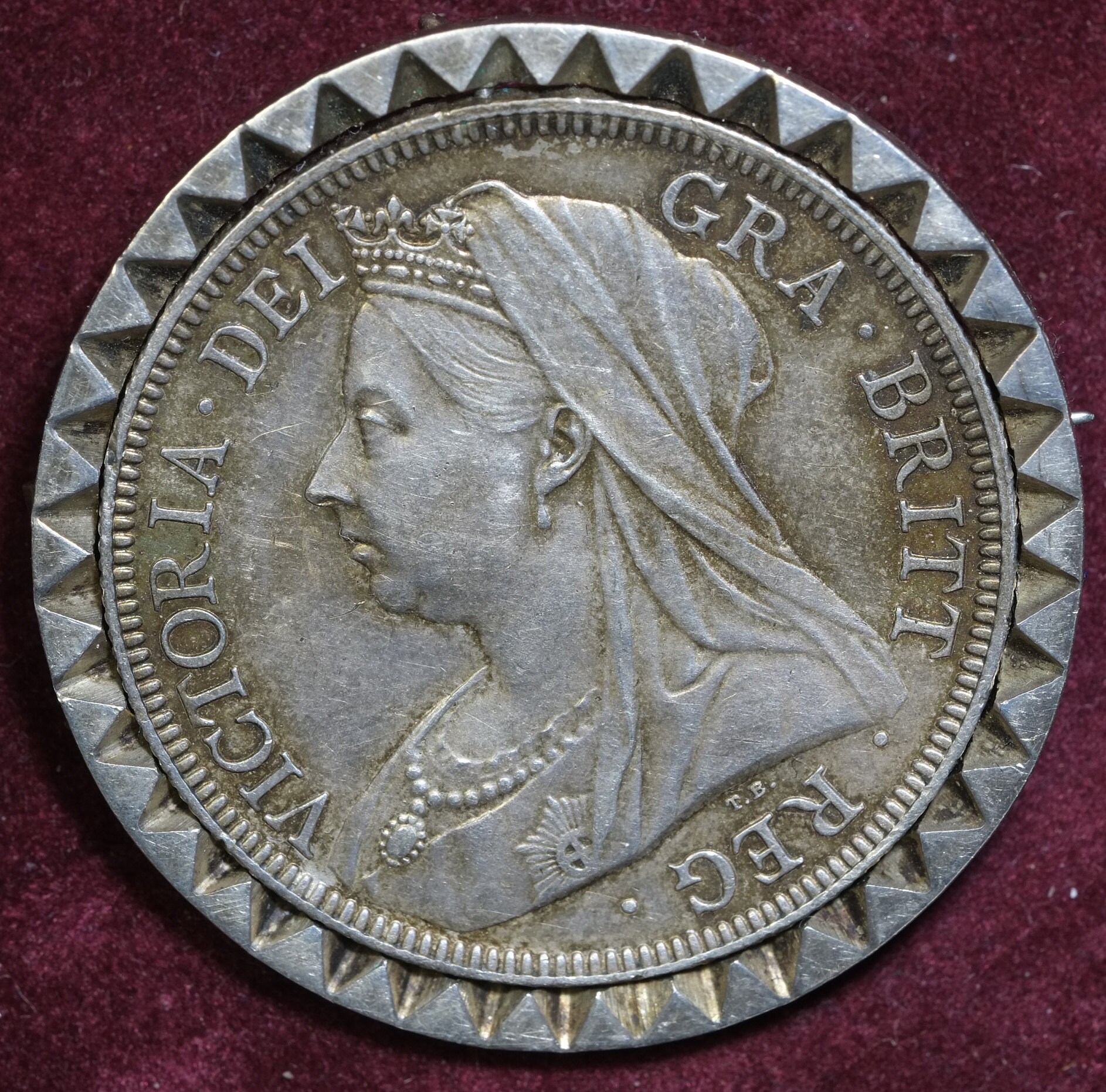 Image of 1897 Victorian Silver Half Crown Coin Brooch On Swivel Mount