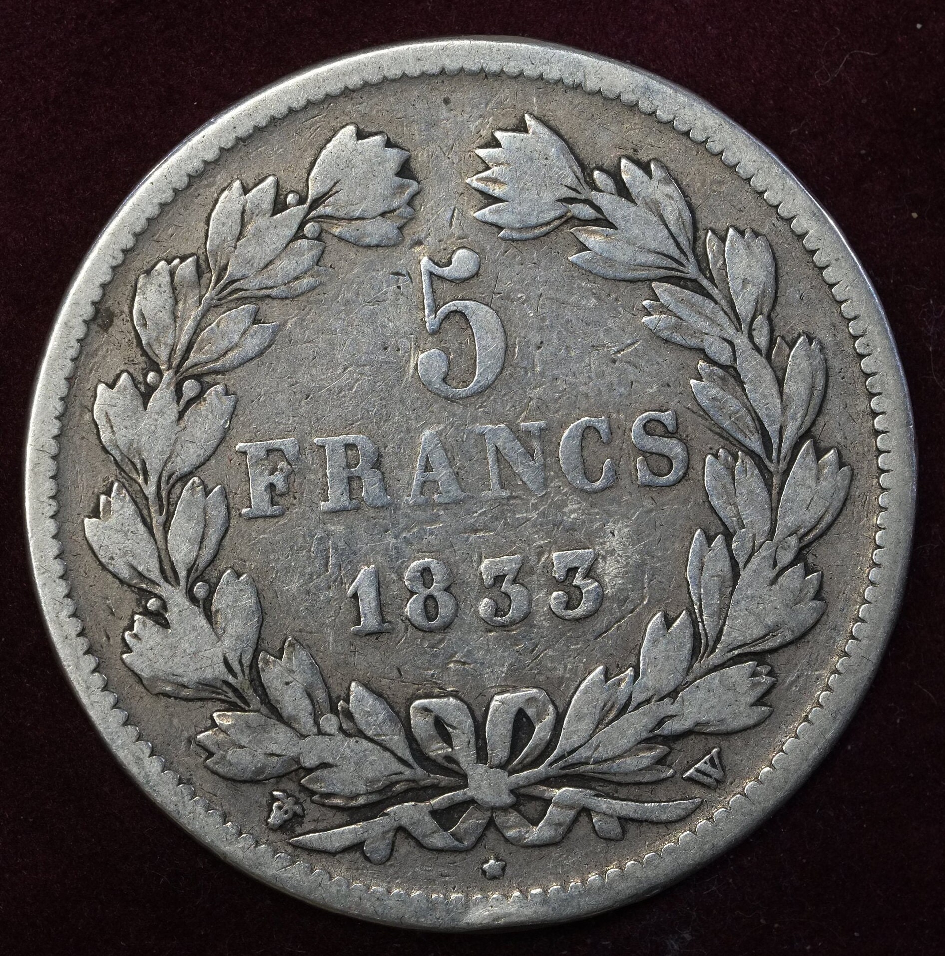 Image of 1833 W 5 Francs French Silver Coin