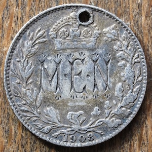 1908 Edward VII .925 Silver Threepence reverse engraves M E N