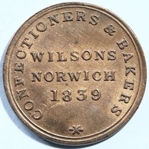 1839 farthing token Wilsons Norwich confectioner & Baker