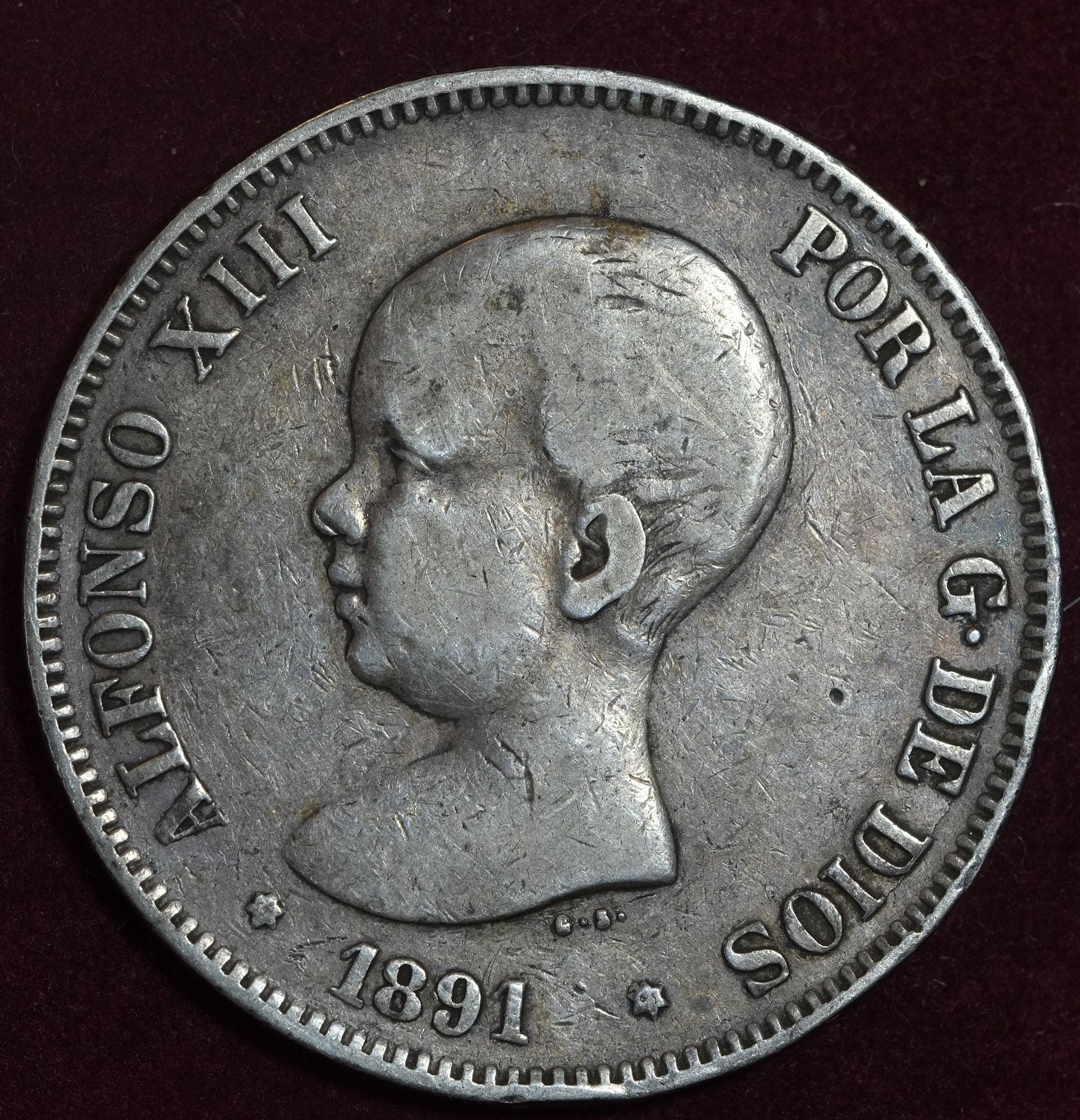 Image of 1891 Pgm 5 Pesetas Silver Coin Alfonso Xiii King Of Spain
